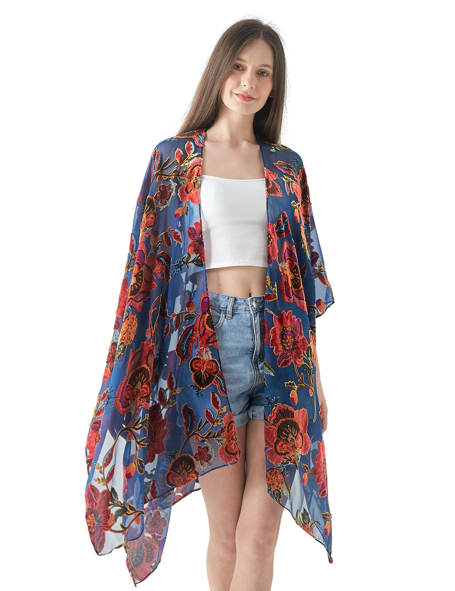 WeHello-Burnout Velvet Kimono for Women, Cardigan, Beach Cover Up, Holiday, Vacation, Casual Shawl, Dropship, JYPF-36