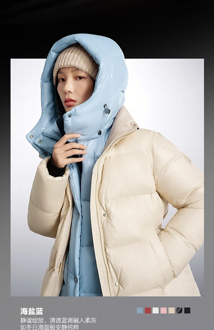 BOSIDENG Women Hooded Short Goose Down Coat 90% Goose Down 700+ Loft Shiny Fabric Adjustable Waist Puff Winter Outerwear