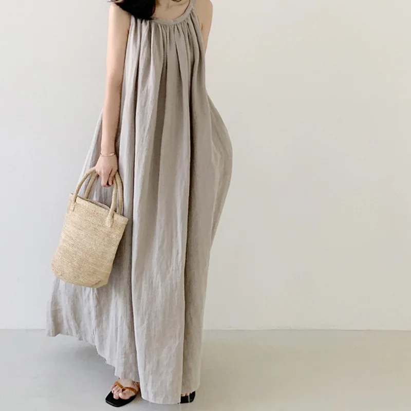 Johnature Summer New Vintage Sleeveless Spaghetti Strap Women Dresses 2024 Simple Loose Solid Color O-neck Dress