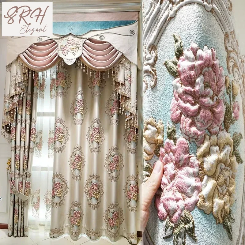 European Luxury 3D Peony Flower Curtains Relief Embroidered Bedroom Blackout Curtains For Living Room Balcony Windows Drapes