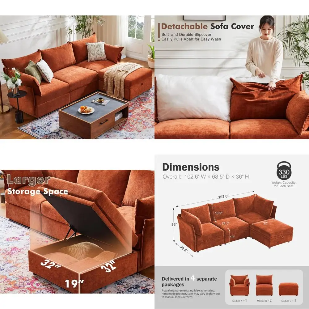

modular sectional sofa 102.6", l-shaped living room couch set, 3-seater plush cloud sofas with removable storage ottoman, diy as