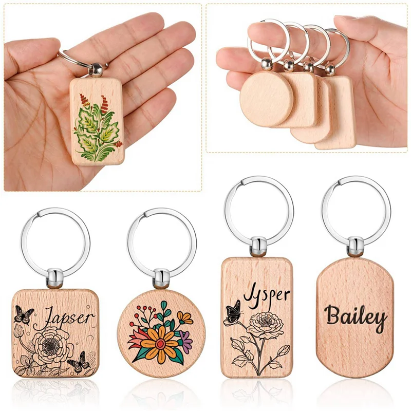 

【Superdeals】Wooden Keychain Blanks, 64Pcs Wood Engraving Blanks Key Chain Bulk Unfinished Wooden Keychain Key Ring Key Tag DIY C