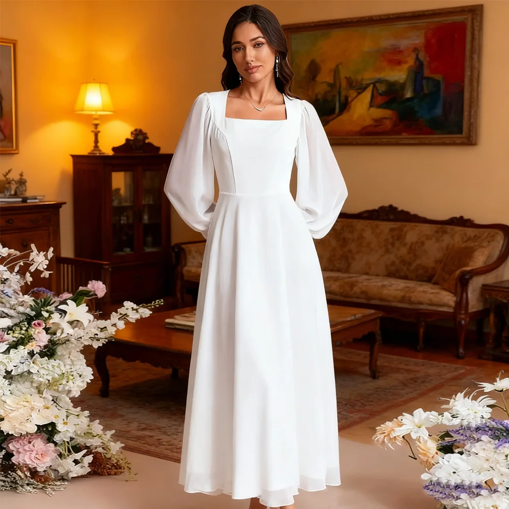 White Square Collar Wedding Dresses for Ladies Elegant A Line Bridal Gowns Exquisite Full Sleeve Vestidos De Novia 2026 LC0015