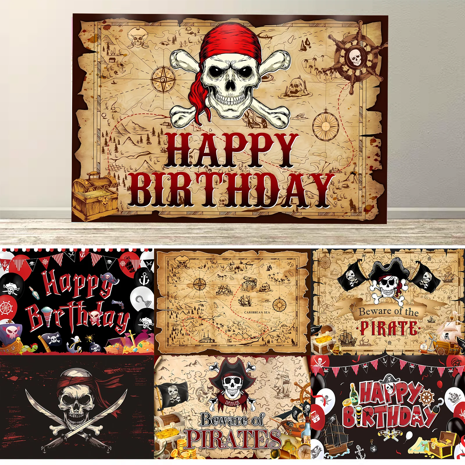 

Pirate Backdrops Banner For Photo Old Treasure World Map happy Birthday Party Baby Portrait Photographic Background Props