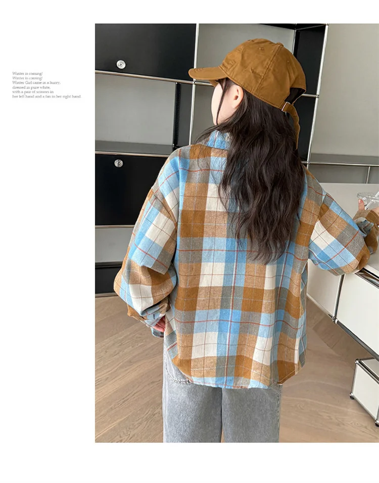 Koreanischer Stil, langärmliges kariertes Hemd für Teenager-Mädchen mit Tasche, neue Mode-Streetwear-Oberbekleidung für Kinder, Baumwollbluse für Kinder im Alter von 5-14 Jahren. – Detail 6