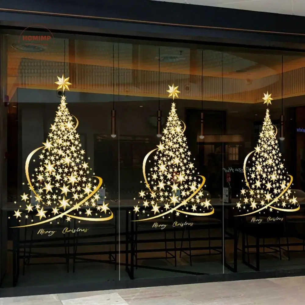

Atmosphere Decor Large Christmas Tree Window Stickers Creative Golden Xmas Decals Removable Waterproof Wallpaper Living Room