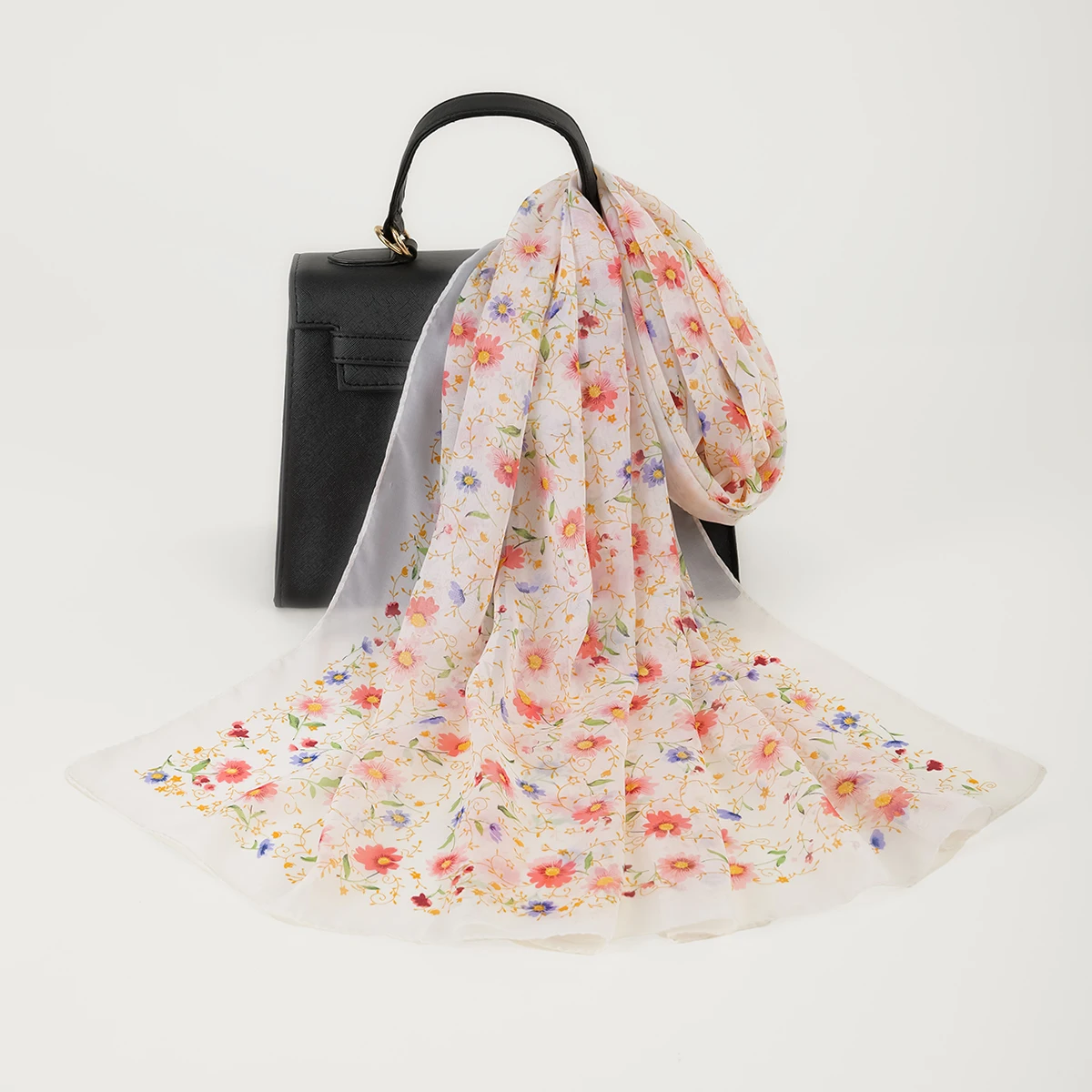 Summer Lightweight Chiffon Silk Scarf Elegant Floral Printed Shawls Travel Beach Sunscreen Towel Fashion Headband Turban
