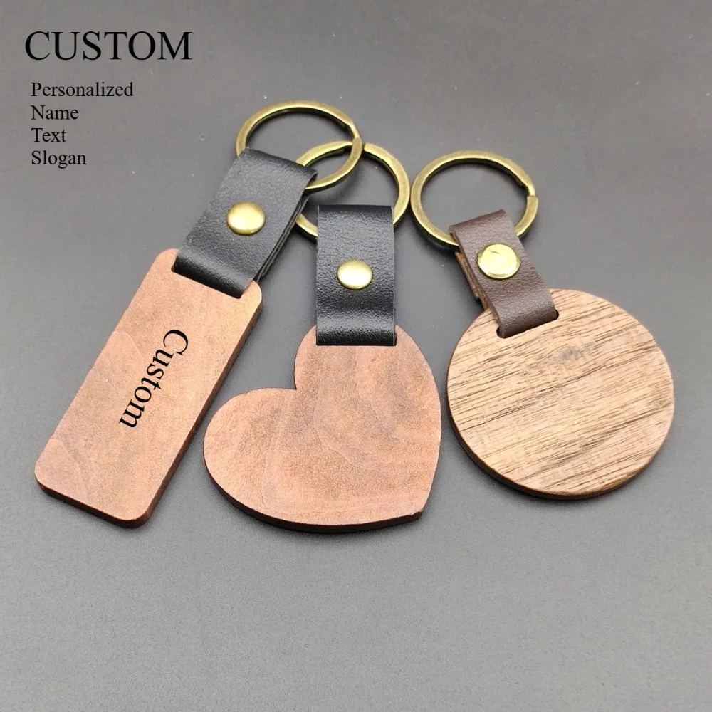 Simple Stylish Customizable Rectangle Heart Shape Wooden Keychain Motorcycle Bag Keyring Fashion Unique Round Shape Pendant Gift