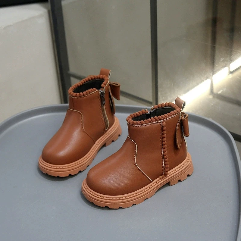

2025 Girls Princess Shoes Girls Leather Boots Kids Party Shoes Anti-slip Baby Plush Shoes with Bow Snow Boots