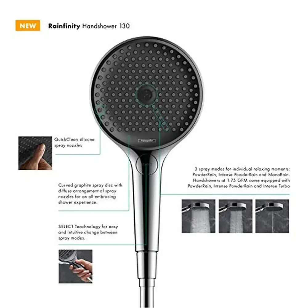 5-inch Rainfinity Modern Handheld Shower Head 3-Spray PowderRain Intense Turbo Chrome 26865001 1.75 GPM Luxurious Shower