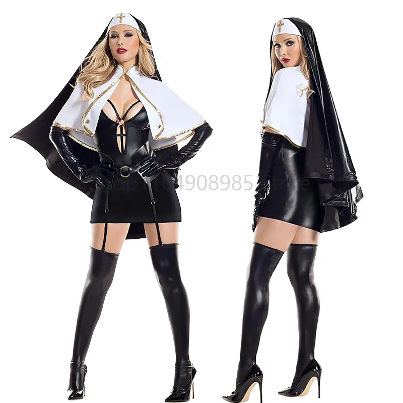 

Halloween Nun Cosplay Costume Traditional Adult Black Religious Robe Suit Halloween Party Demon Nun Performance Clothes