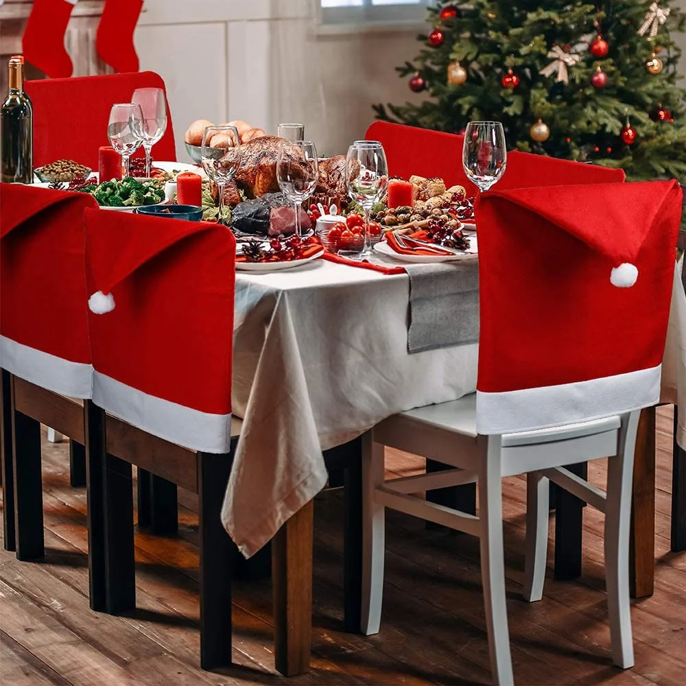 6 Pcs Christmas Chair Covers Santa Hat Chair Covers for Dining Room Holiday Christmas Decorations Red