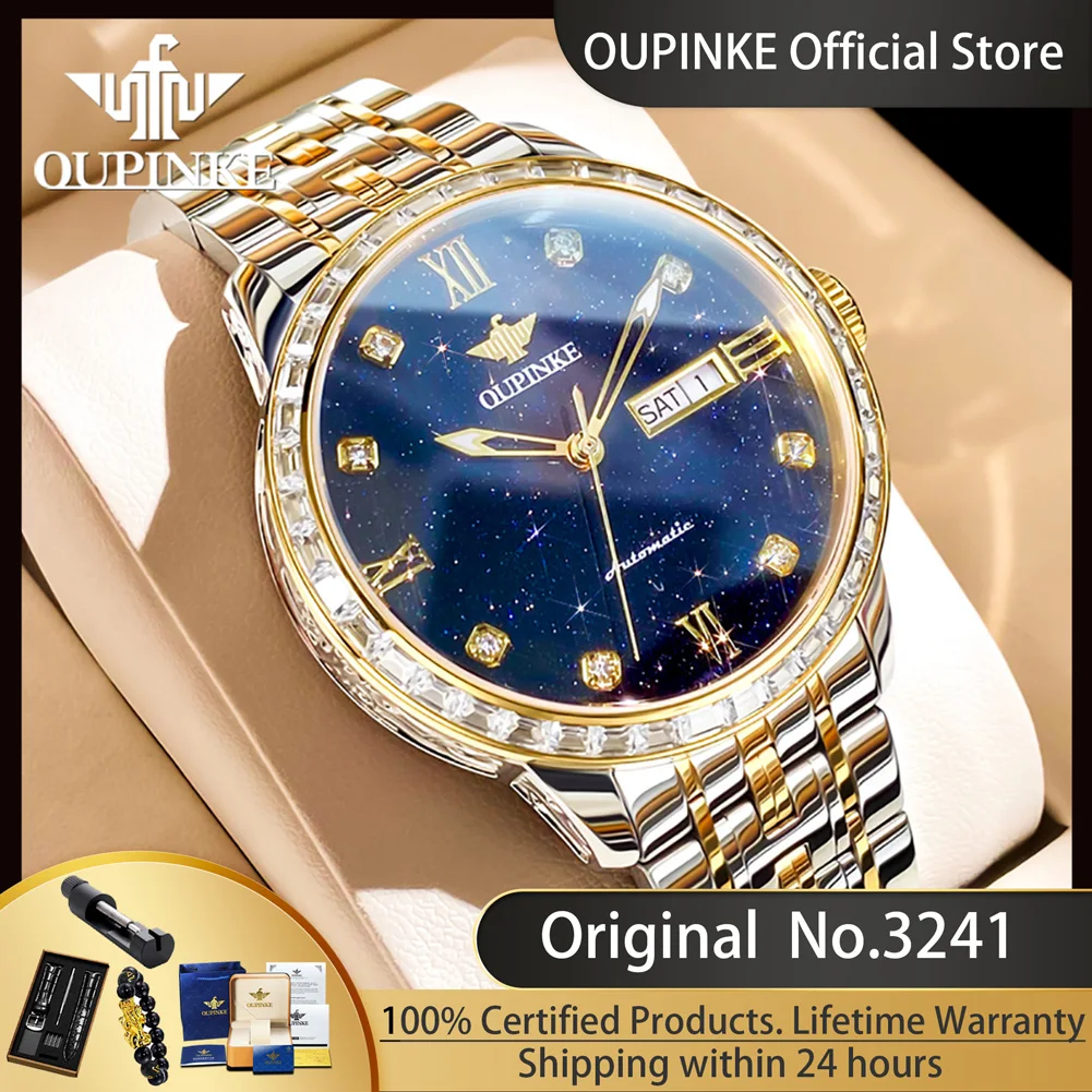 OUPINKE 3241 Man Watch High-ended Luxury Original Automatic Mechanical Wrist Watches for Men Starry Sky Dial Elegant Mens Watch