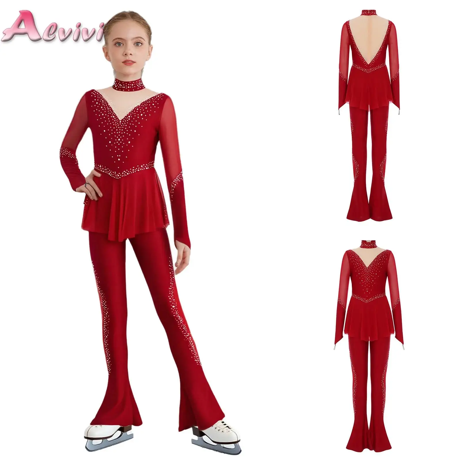 

Kids Figure Skating Ballet Dance Jumpsuit Girls Rhinestones Long Sleeve Bell-Bottom Peplum Bodysuit Rhythmic Gymnastics Jersey