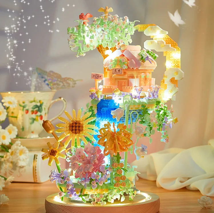 クリエイティブ街並み建築ロマンチックな空の花ワークショップブロックシティストリートビューハウスビルディングレンガのおもちゃライト