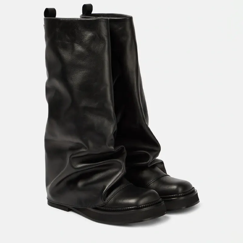 

Women's leather boots, thick high-heeled pleated boots, plus size, fashionable, autumn and winter