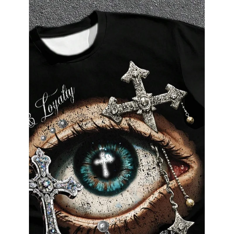 Men's Summer Casual Eye & Cross Print Short Sleeve T-Shirt And Branch Print Drawstring Waist Shorts Set