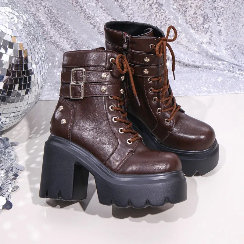 

Women Boots Fashion Leather High Top Boots Classic Round Toe Thick Soled High Heele Boots Non Slip Platform Boot Bottines Femmes