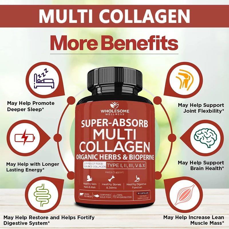 Ultra-absorbent Multi-collagen Supplement - Supports Healthy Skin, Nails, Hair, Joints, Bones, Aids Digestion and Gut Health