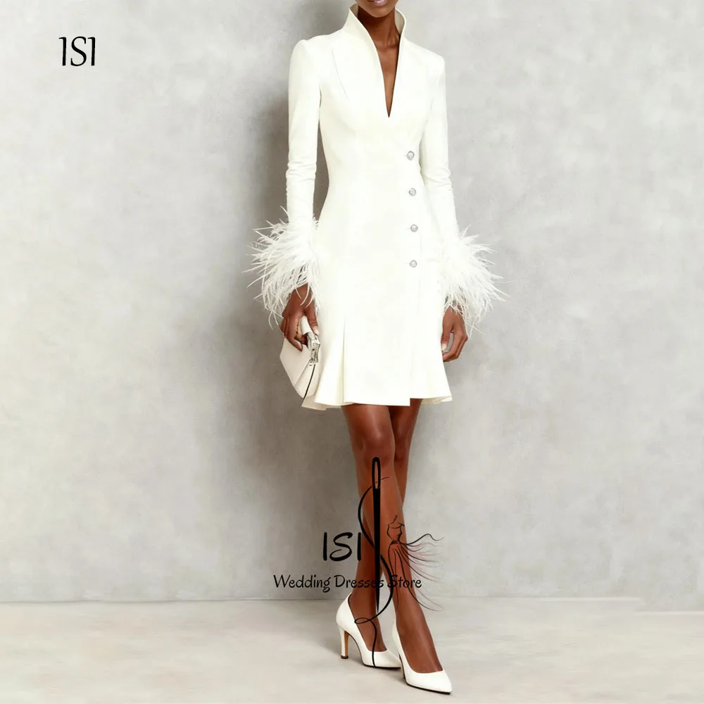 ISI Fashion Mini A-line Wedding Dress High Neck Feathers Long Sleeves Formal Sexy  with Button Prom Party Gowns Customized