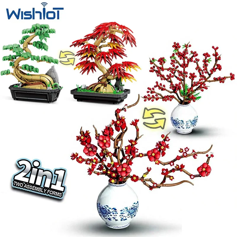 

2-в-1 модель цветка/сосна, строительные блоки с вазой, растения в горшке, сборка, цветение сливы/дерево, орнамент MOC, маленькие кирпичи, игрушки в подарок