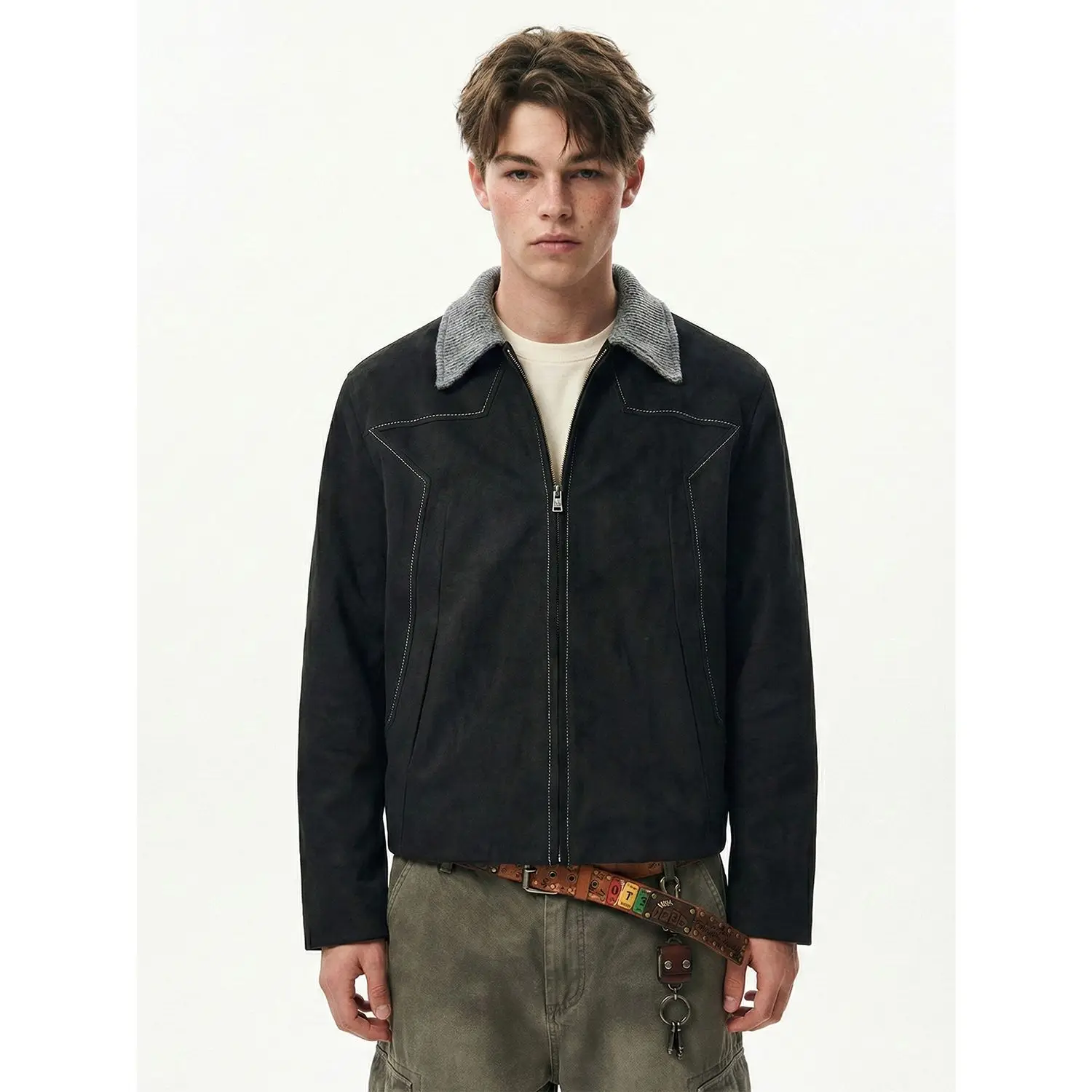 

American Retro Jacket Contrasting Stars Bright Line Zipper Lapel PU Coat Top