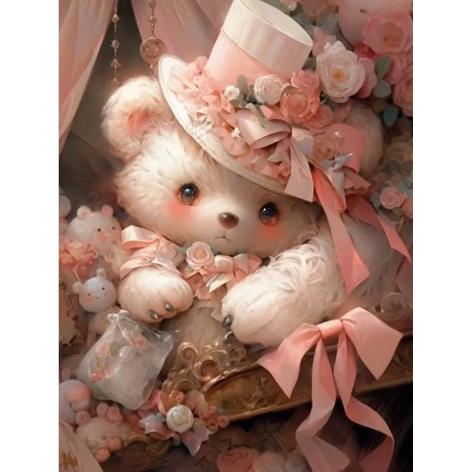 Embroidery Rose - Diamentowa Mozaika Ścienna Różowy Niedźwiedź Dekoracja