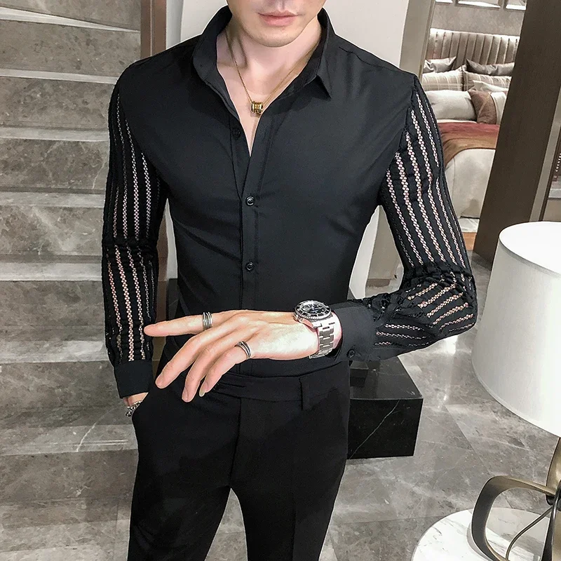 Stitching Striped Shirt Summer Men Transparent Lace Cutout Shirt Camisa Long Sleeve Slim Club Prom Party Shirt Social Masculina