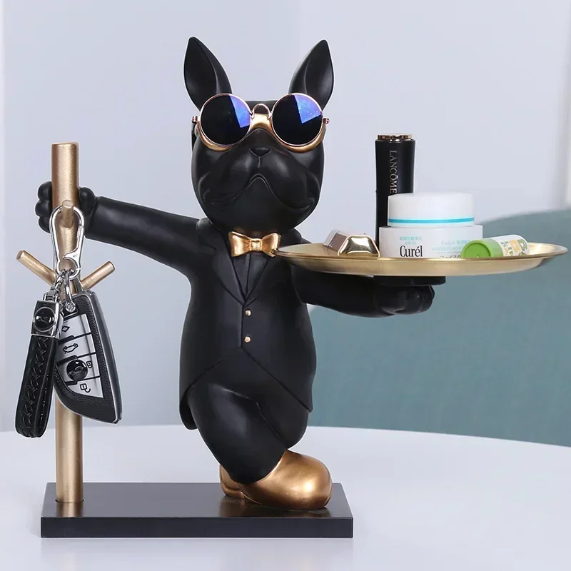 1pcs French Bulldog Sculpture Dog Statue Decorative Figurine Storage Metal Tray Coin Piggy Bank Entrance Key Snack Holder