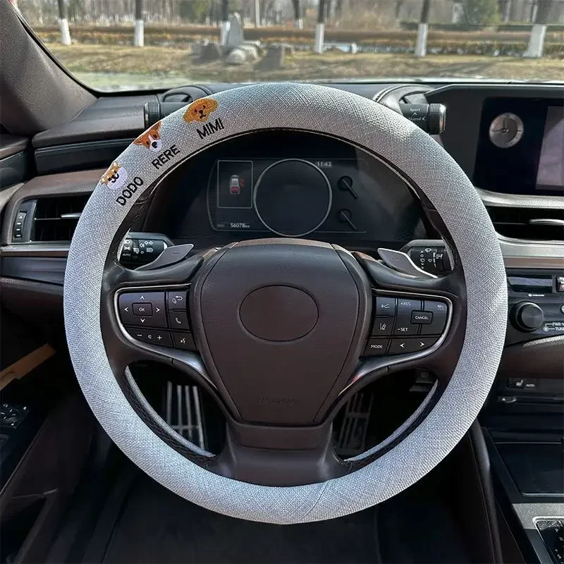 Cotton and Linen Steering Wheel Cover 2024 New Embroidered Fabric Anti-slip Sweat-absorbent Ultra-thin Four-season Unisex Car