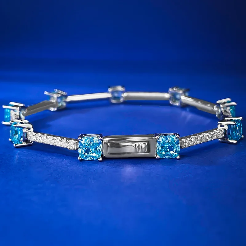 New S925 Silver Imported High Carbon Diamond 5 * 5 Sea Blue Diamond Ice Flower Cut Bracelet for Women, Simple and Exquisite