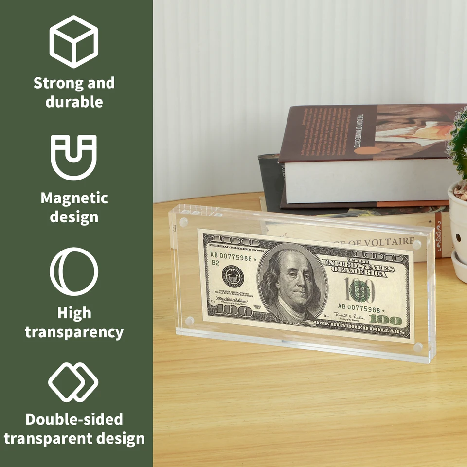 Cadre Acrylique Double Face 20x10 Cm – Présentoir Billet Dollar, Photo, Timbre, Chèque – Support Transparent Autoportant