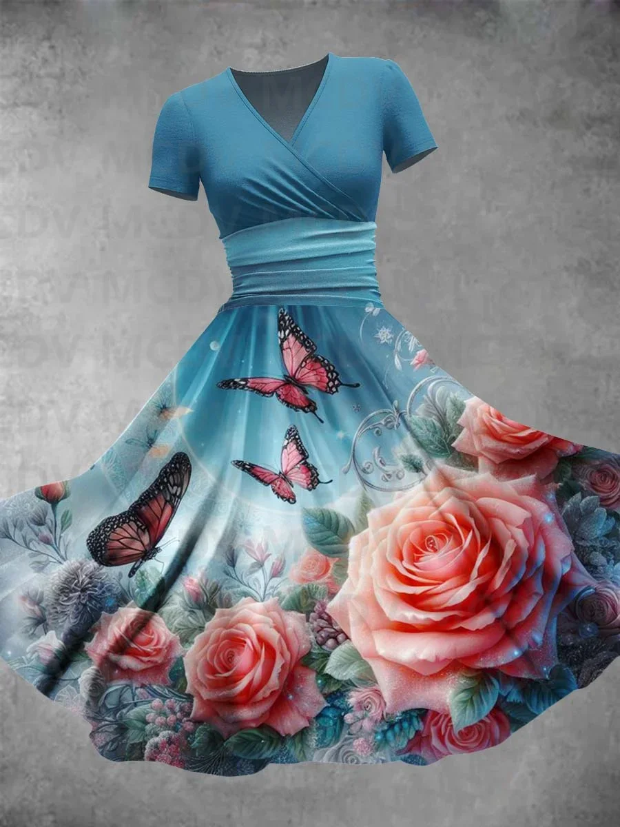 Vestido largo con estampado de flores y mariposas para mujer, traje Sexy con cuello en V, estampado artístico en 3D