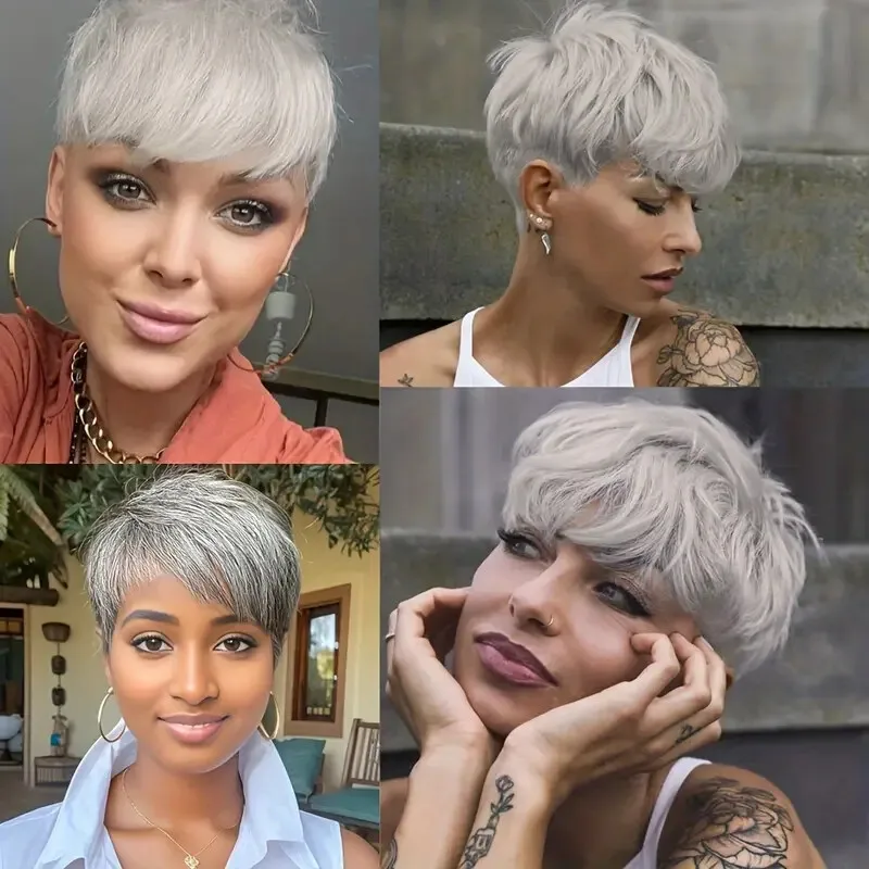 Grey Short Pixie Cut Wig Human Hair Short Layered Pixie Wig  display picture 1
