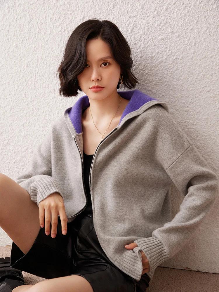 ฤดูใบไม้ผลิฤดูใบไม้ร่วงHoodedสีทึบซิปเสื้อสเวตเตอร์ถักแคชเมียร์เสื้อถักเสื้อกันหนาวผู้หญิงคุณภาพสูงสไตล์เรียบง่ายเสื้อสบาย