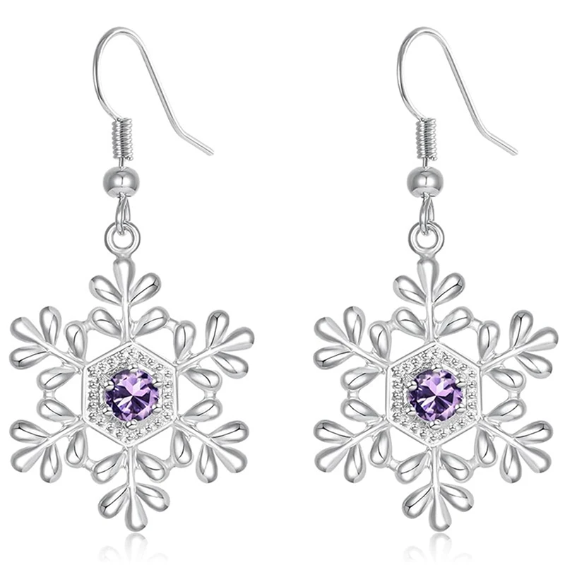 Huitan Lila CZ Schneeflocken-Ohrhänger für Damen Romantische Winter-Weihnachts-Ohrringe Festliche Party Mode-Schmuck Geschenk