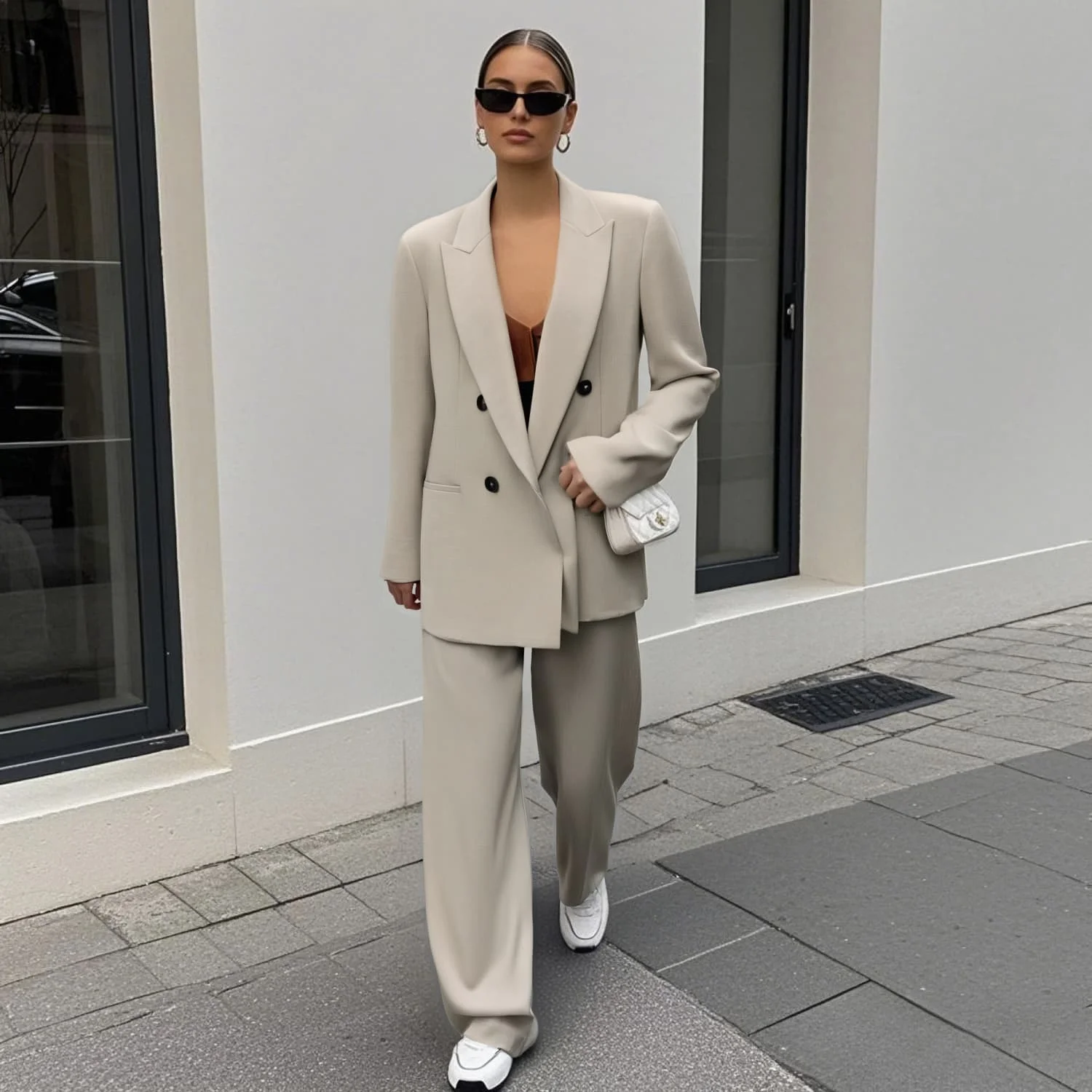 2025 Taop&Za Womens Suit Beige Double - Breasted Blazer with Matching Wide - Leg Trousers for a Polished Look