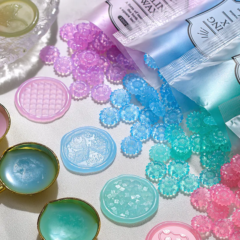 100 Stück durchscheinende Sonnenblumen-Siegelwachs-Perlen zum Selbermachen, Umschlag, Brief, Hochzeitseinladung, Scrapbooking, blinkender Siegelstempel