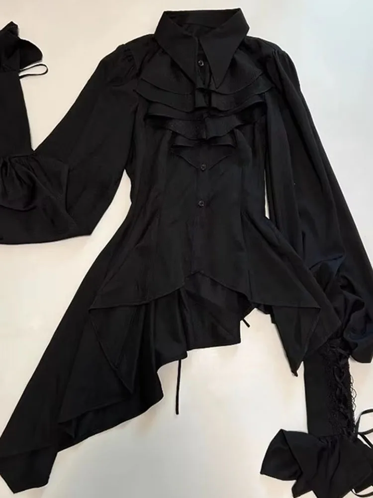 Jk Shirts Women Japanese Vintage Lolita Irregular Blouse Lace Bandage Flare Sleeve Ruffles Y2k Aesthetic Kawaii Tops 5