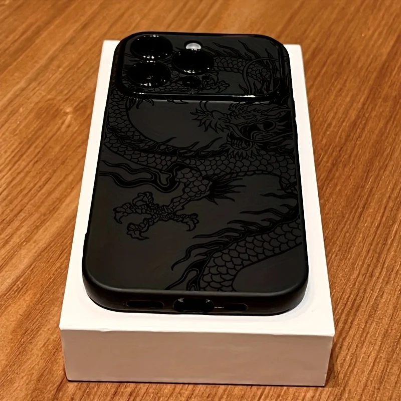 Funda con Patrón de Dragón Lineal Negro con Ventana para iPhone 11 12 13 14 15 16 17 Air Pro Max XR XS X Plus Silicona INS 4