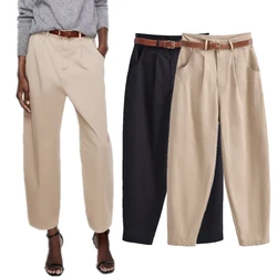 Dave&Di Autumn New Fashion Simple Casual  with Belt High Pants Waist Cotton Ankle Pants for Women Office Ladies Trousers