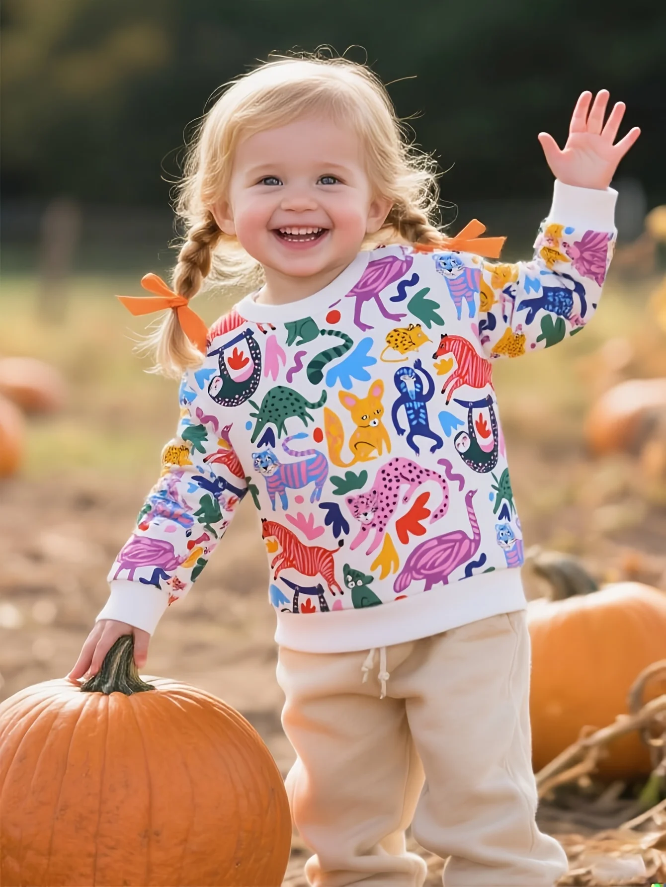 

Girls' long sleeved hoodie, pure cotton round neck cartoon animal print, outdoor casual autumn/winter hoodie