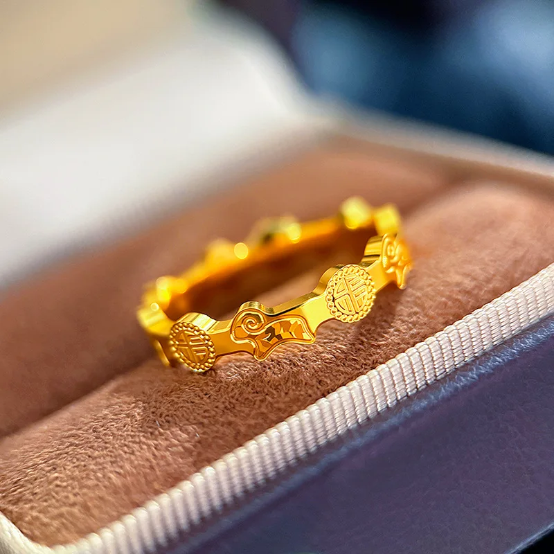 Luxury 9999 24K Real Gold Natal Lamb Zodiac Ring Ring Light Luxury Cnc Mirror Blessing Word Broken Ice Ice Sheep Ring