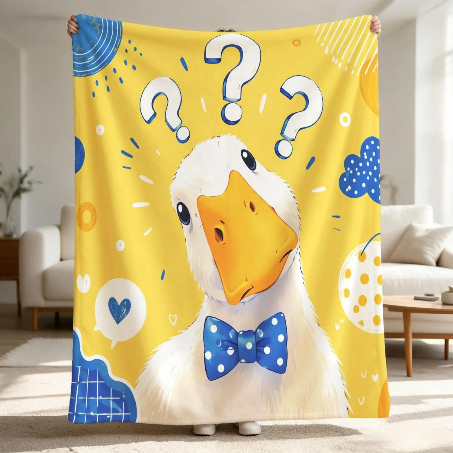[Flannel Blanket] Cute Yellow Duck Blanket, Polka Dot Bow Tie and Question Mark Pattern, Gift for Animal Lovers