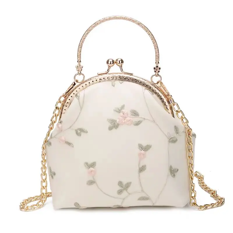 Vintage Embroidery Lace Flowers Shell Lock Purses for Women Wedding Bag Small Chain Women Shoulder Crossbody Bag Fringe Bags