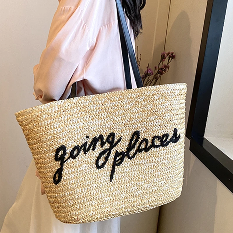 Summer Fashion Straw Woven High-capacity Vacation Handbag 2024 New Women\'s Khaki White Shoulder Bag Brand Travel Basket Bag