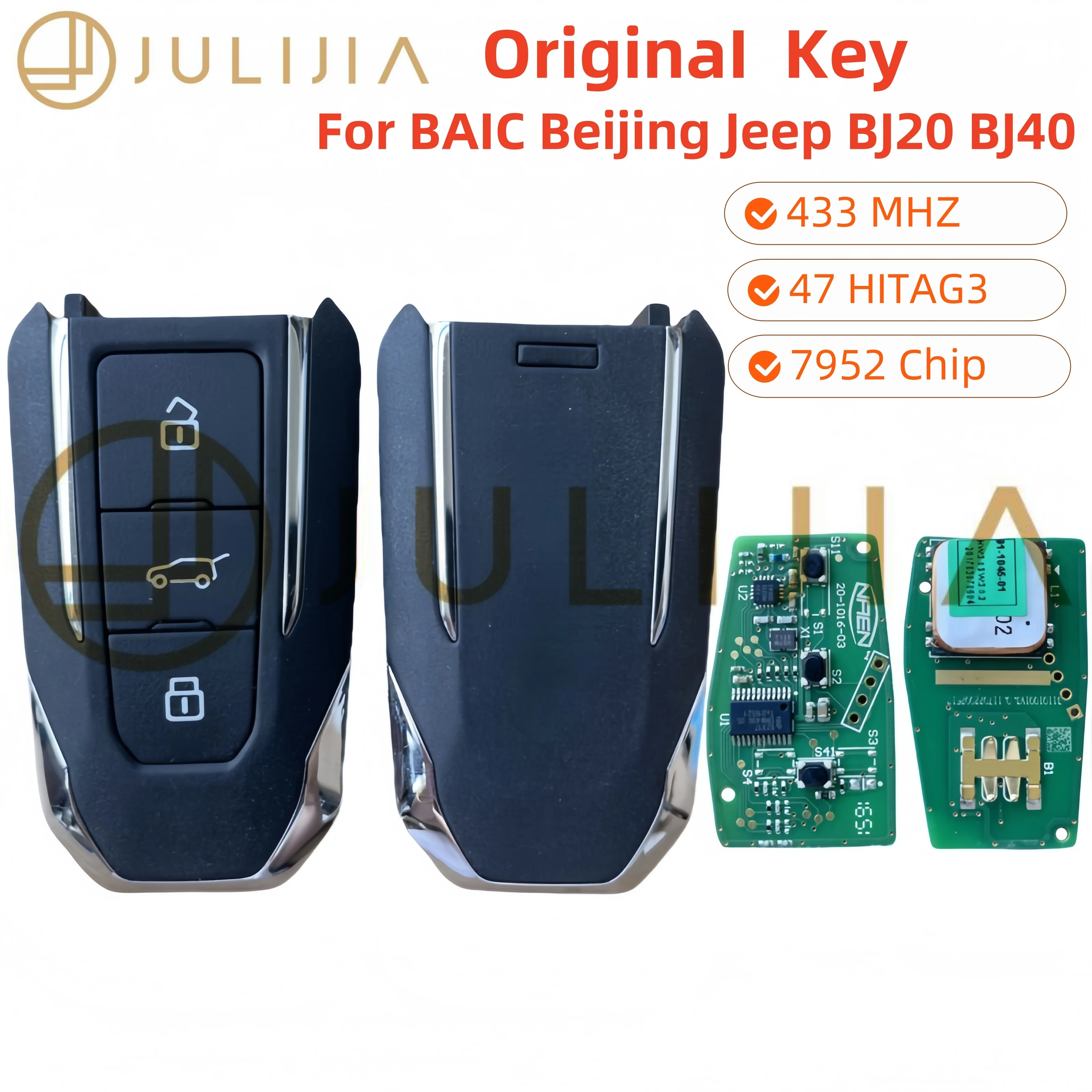 

Оригинальный умный ключ дистанционного управления JULIJIA для BAIC Beijing Jeep BJ20 BJ40, 433 МГц ASK 47 HITAG3 7952, чип, 3 кнопки
