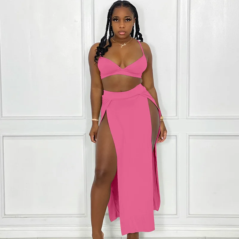 

Celebrity Women Two Piece Outfits Party Club Sleeveless Backless Crop Top and High Split Midi Dress Sets Conjuntos De Vestidos