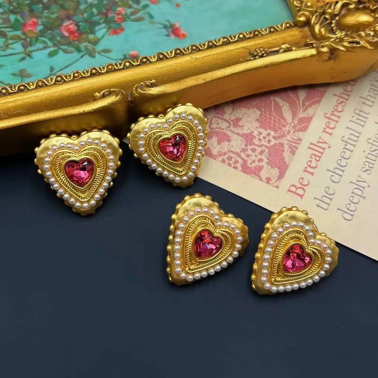 Super Sweet Beautiful Girl Heart-Shaped Mid-Ancient Ornament Vintage Pearl Earrings Pink Memories Standard Ear Studs Ear Clip