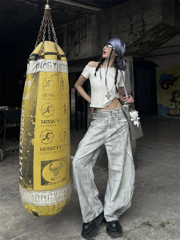 

Мужские джинсы MOONLET в стиле ретро, белые, с эффектом потертости, свободного кроя, повседневные брюки с высокой талией, длинные, в уличном стиле